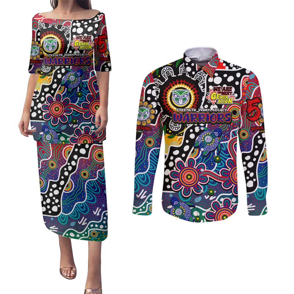 Personalised New Zealand Warriors NRL Celebrating 50 Years of Naidoc Couples Matching Puletasi and Long Sleeve Button Shirt NAIDOC Week 2025 Aboriginal