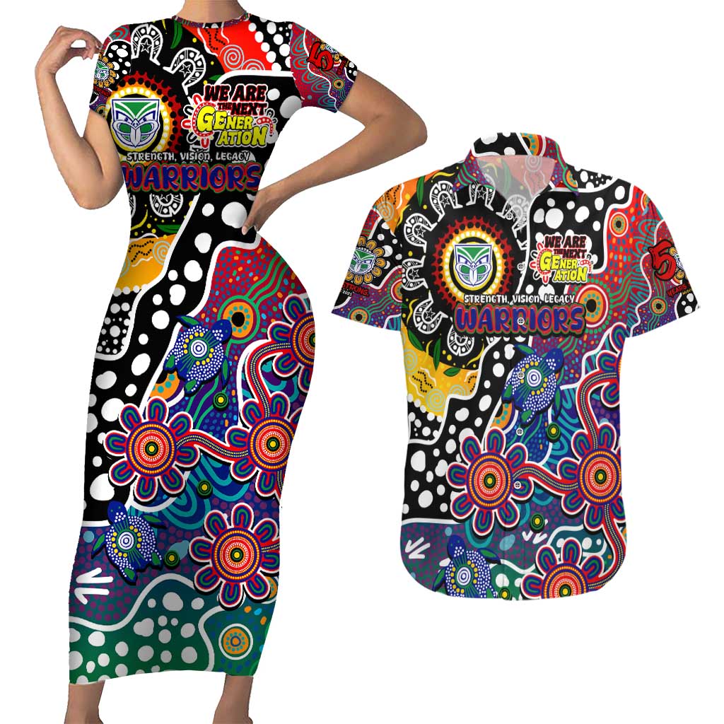 Personalised New Zealand Warriors NRL Celebrating 50 Years of Naidoc Couples Matching Short Sleeve Bodycon Dress and Hawaiian Shirt NAIDOC Week 2025 Aboriginal