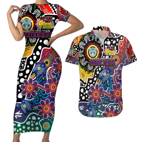 Personalised New Zealand Warriors NRL Celebrating 50 Years of Naidoc Couples Matching Short Sleeve Bodycon Dress and Hawaiian Shirt NAIDOC Week 2025 Aboriginal