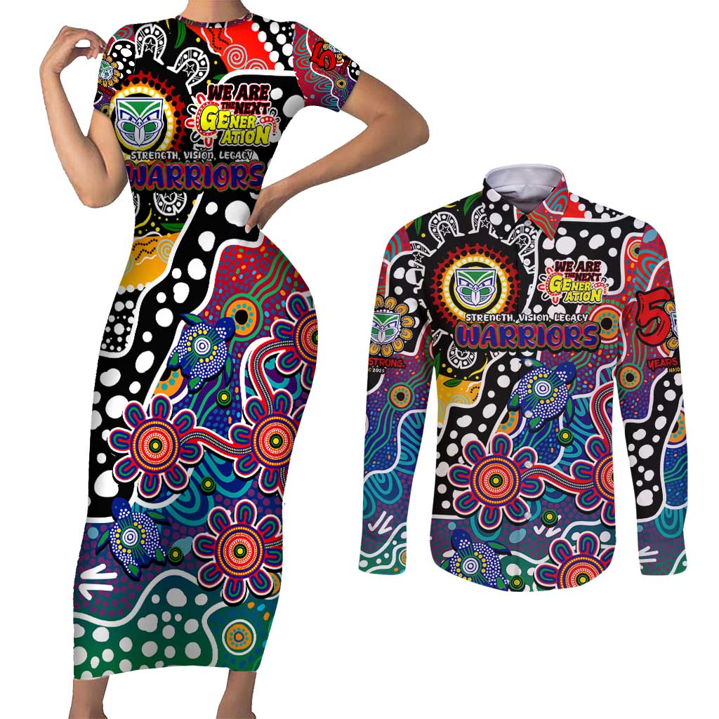 Personalised New Zealand Warriors NRL Celebrating 50 Years of Naidoc Couples Matching Short Sleeve Bodycon Dress and Long Sleeve Button Shirt NAIDOC Week 2025 Aboriginal
