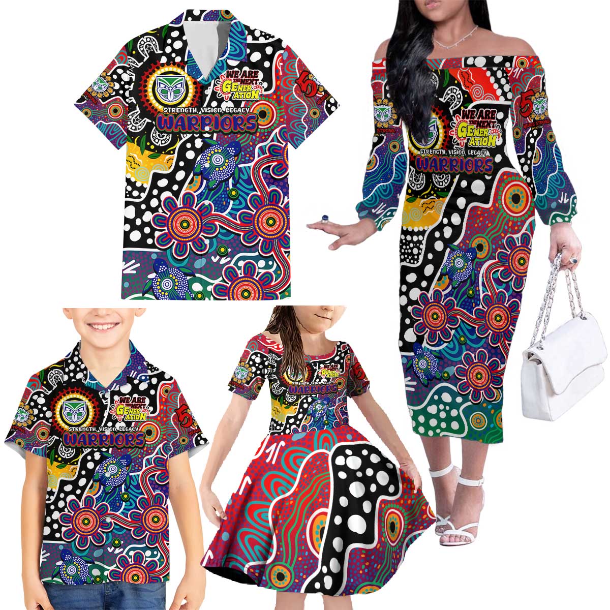 Personalised New Zealand Warriors NRL Celebrating 50 Years of Naidoc Family Matching Off The Shoulder Long Sleeve Dress and Hawaiian Shirt NAIDOC Week 2025 Aboriginal
