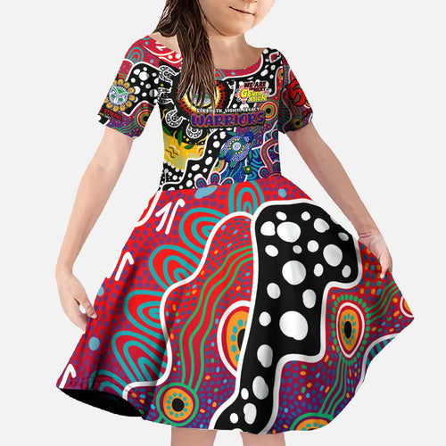 Personalised New Zealand Warriors NRL Celebrating 50 Years of Naidoc Family Matching Off The Shoulder Long Sleeve Dress and Hawaiian Shirt NAIDOC Week 2025 Aboriginal