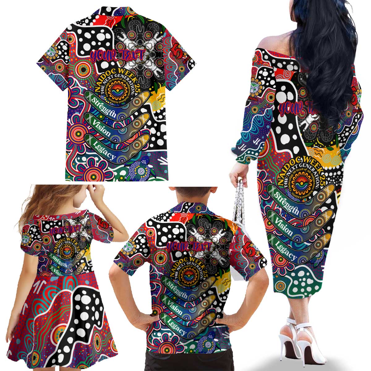 Personalised New Zealand Warriors NRL Celebrating 50 Years of Naidoc Family Matching Off The Shoulder Long Sleeve Dress and Hawaiian Shirt NAIDOC Week 2025 Aboriginal