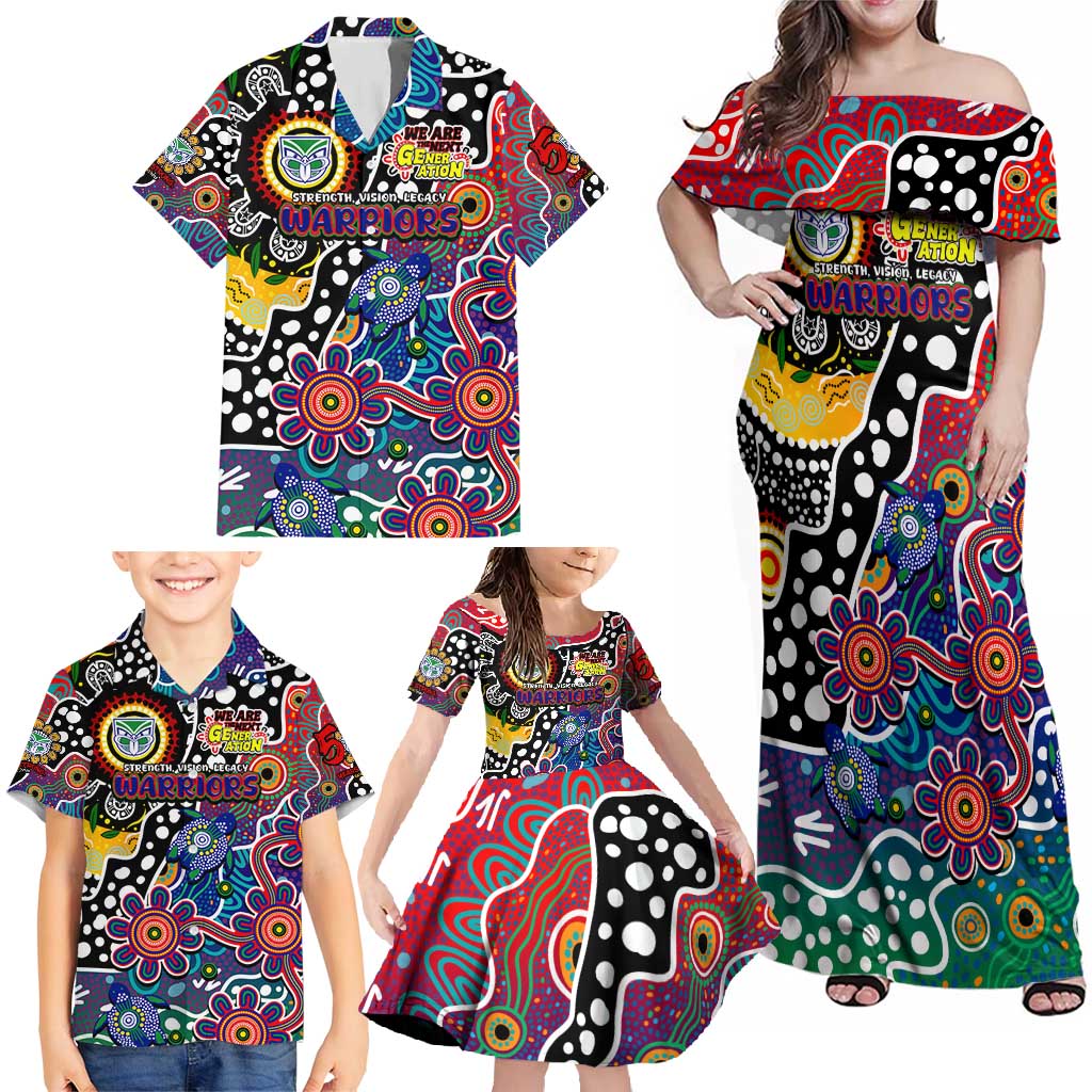 Personalised New Zealand Warriors NRL Celebrating 50 Years of Naidoc Family Matching Off Shoulder Maxi Dress and Hawaiian Shirt NAIDOC Week 2025 Aboriginal