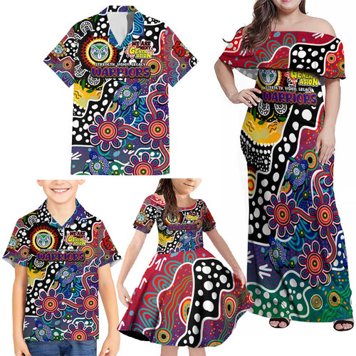 Personalised New Zealand Warriors NRL Celebrating 50 Years of Naidoc Family Matching Off Shoulder Maxi Dress and Hawaiian Shirt NAIDOC Week 2025 Aboriginal