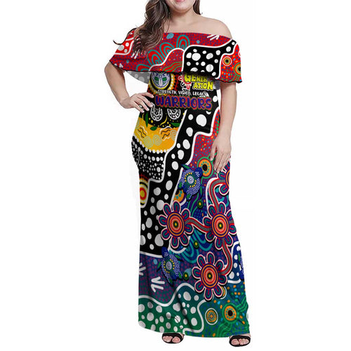 Personalised New Zealand Warriors NRL Celebrating 50 Years of Naidoc Family Matching Off Shoulder Maxi Dress and Hawaiian Shirt NAIDOC Week 2025 Aboriginal