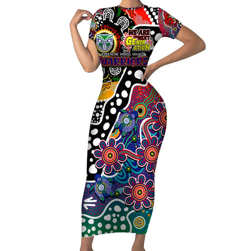 Personalised New Zealand Warriors NRL Celebrating 50 Years of Naidoc Short Sleeve Bodycon Dress NAIDOC Week 2025 Aboriginal