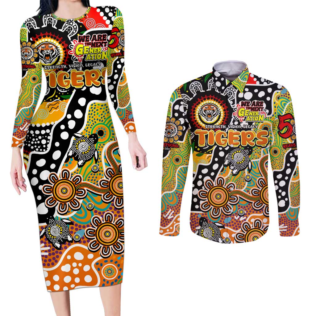 Personalised Tigers NRL Celebrating 50 Years of Naidoc Couples Matching Long Sleeve Bodycon Dress and Long Sleeve Button Shirt NAIDOC Week 2025 Aboriginal