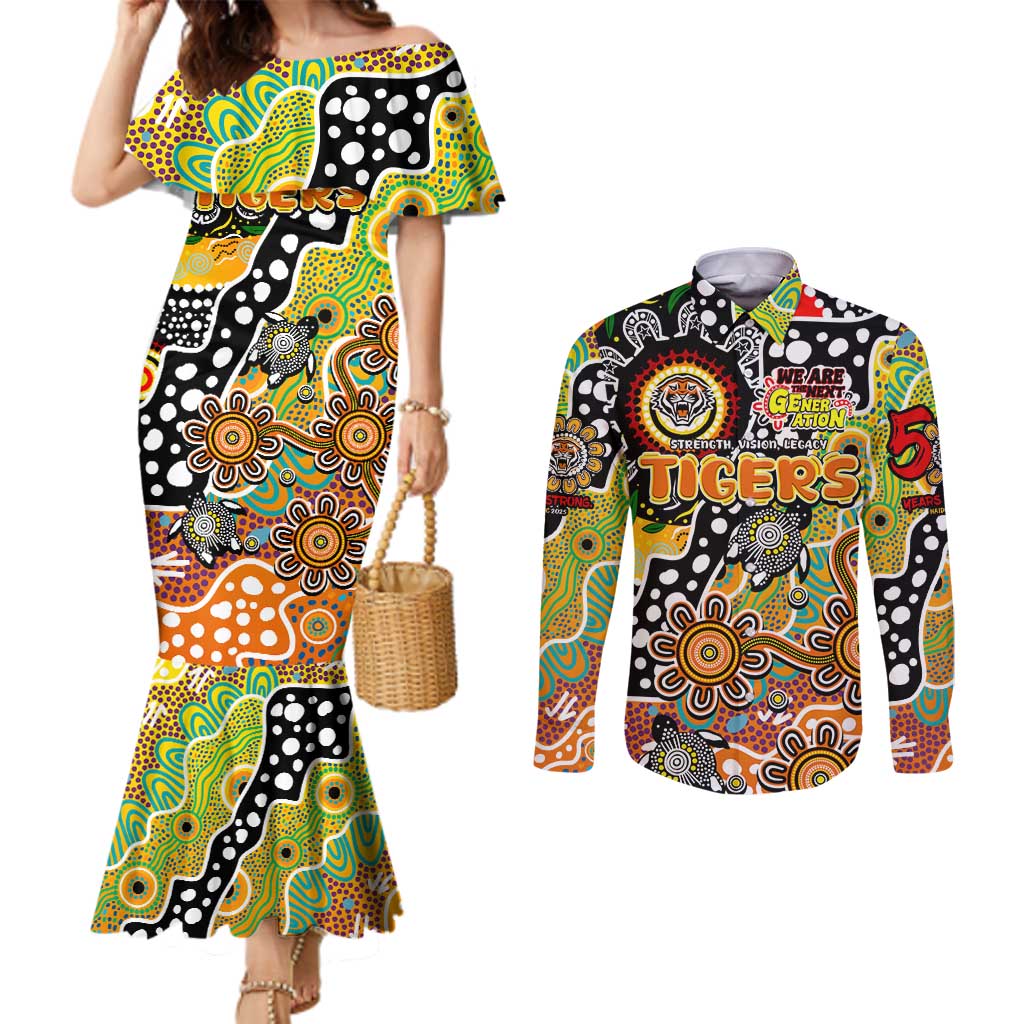 Personalised Tigers NRL Celebrating 50 Years of Naidoc Couples Matching Mermaid Dress and Long Sleeve Button Shirt NAIDOC Week 2025 Aboriginal