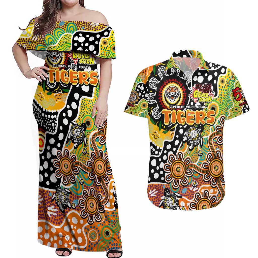 Personalised Tigers NRL Celebrating 50 Years of Naidoc Couples Matching Off Shoulder Maxi Dress and Hawaiian Shirt NAIDOC Week 2025 Aboriginal