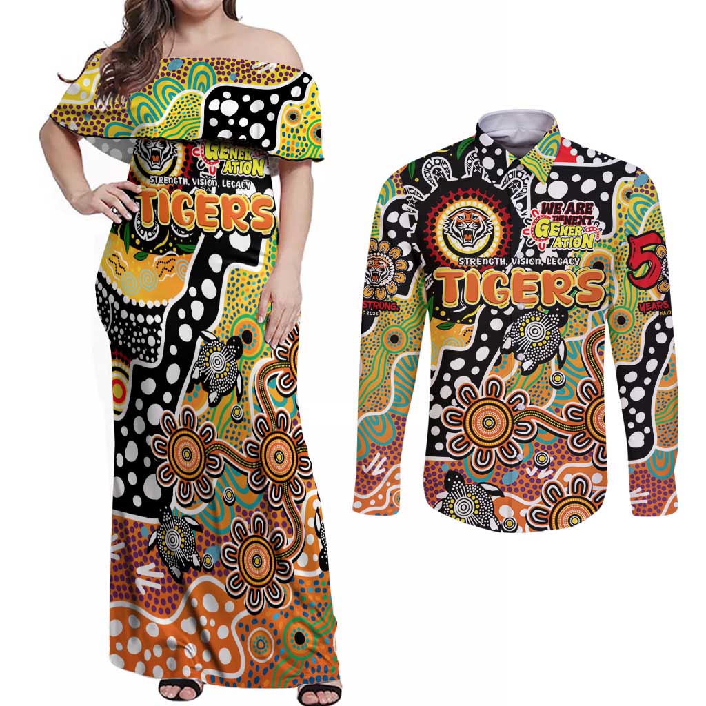 Personalised Tigers NRL Celebrating 50 Years of Naidoc Couples Matching Off Shoulder Maxi Dress and Long Sleeve Button Shirt NAIDOC Week 2025 Aboriginal