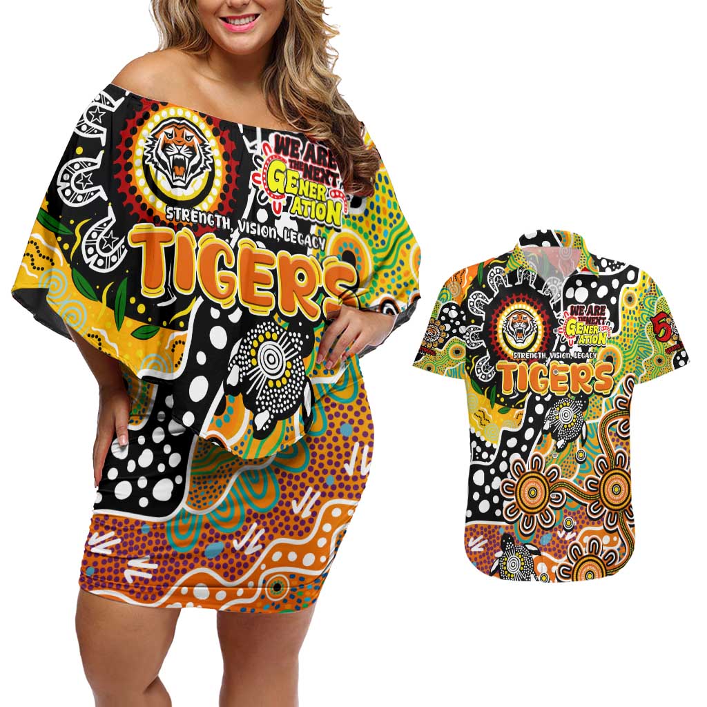 Personalised Tigers NRL Celebrating 50 Years of Naidoc Couples Matching Off Shoulder Short Dress and Hawaiian Shirt NAIDOC Week 2025 Aboriginal