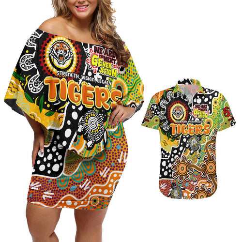 Personalised Tigers NRL Celebrating 50 Years of Naidoc Couples Matching Off Shoulder Short Dress and Hawaiian Shirt NAIDOC Week 2025 Aboriginal