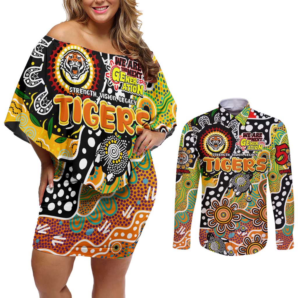 Personalised Tigers NRL Celebrating 50 Years of Naidoc Couples Matching Off Shoulder Short Dress and Long Sleeve Button Shirt NAIDOC Week 2025 Aboriginal