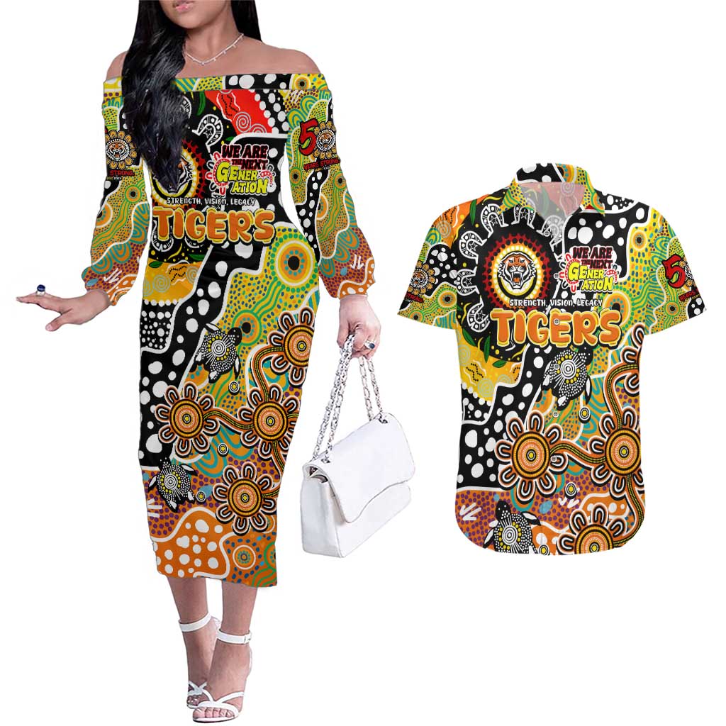Personalised Tigers NRL Celebrating 50 Years of Naidoc Couples Matching Off The Shoulder Long Sleeve Dress and Hawaiian Shirt NAIDOC Week 2025 Aboriginal