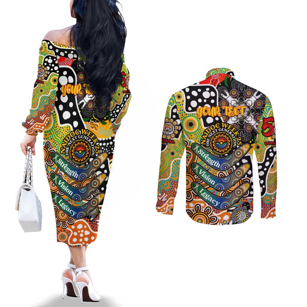 Personalised Tigers NRL Celebrating 50 Years of Naidoc Couples Matching Off The Shoulder Long Sleeve Dress and Long Sleeve Button Shirt NAIDOC Week 2025 Aboriginal