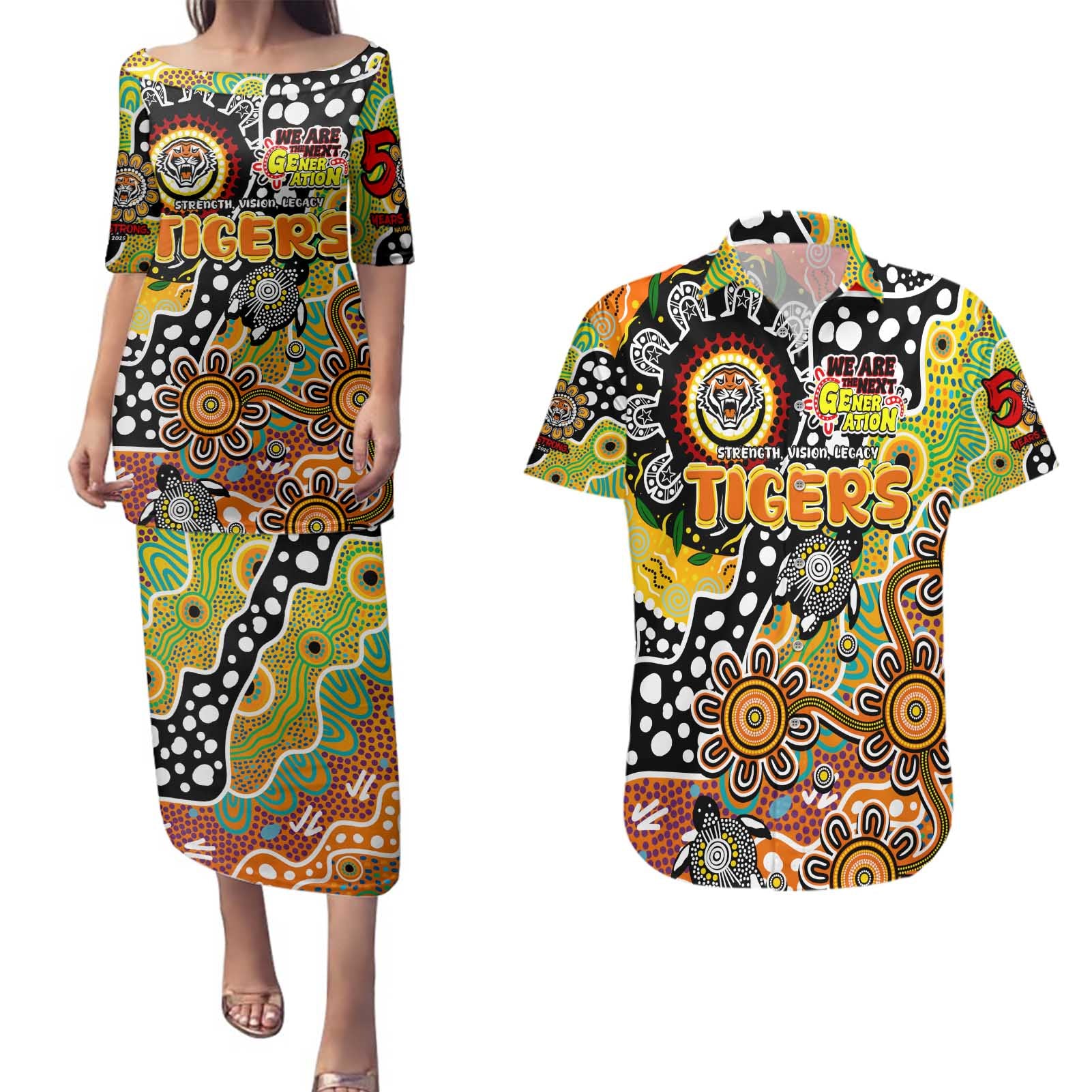 Personalised Tigers NRL Celebrating 50 Years of Naidoc Couples Matching Puletasi and Hawaiian Shirt NAIDOC Week 2025 Aboriginal