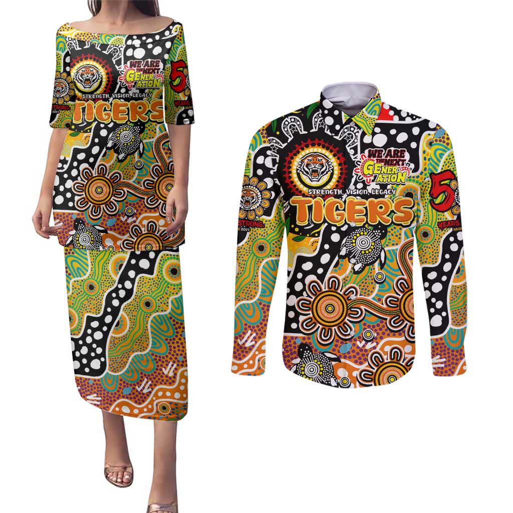 Personalised Tigers NRL Celebrating 50 Years of Naidoc Couples Matching Puletasi and Long Sleeve Button Shirt NAIDOC Week 2025 Aboriginal