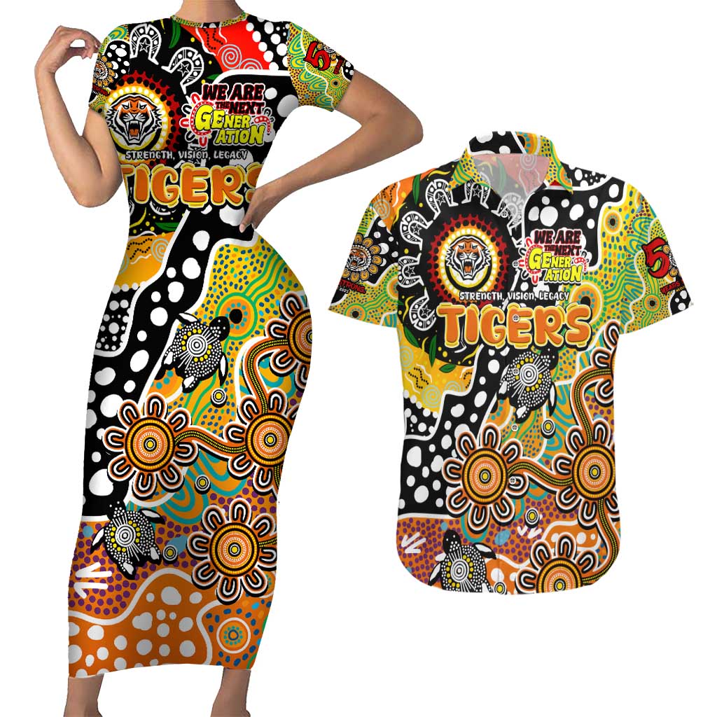 Personalised Tigers NRL Celebrating 50 Years of Naidoc Couples Matching Short Sleeve Bodycon Dress and Hawaiian Shirt NAIDOC Week 2025 Aboriginal