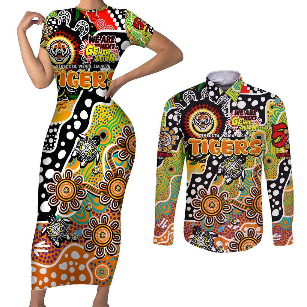 Personalised Tigers NRL Celebrating 50 Years of Naidoc Couples Matching Short Sleeve Bodycon Dress and Long Sleeve Button Shirt NAIDOC Week 2025 Aboriginal