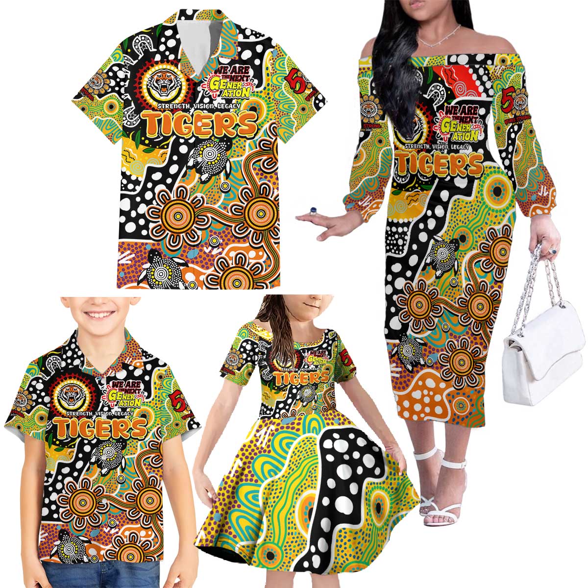Personalised Tigers NRL Celebrating 50 Years of Naidoc Family Matching Off The Shoulder Long Sleeve Dress and Hawaiian Shirt NAIDOC Week 2025 Aboriginal