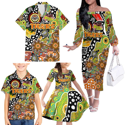 Personalised Tigers NRL Celebrating 50 Years of Naidoc Family Matching Off The Shoulder Long Sleeve Dress and Hawaiian Shirt NAIDOC Week 2025 Aboriginal