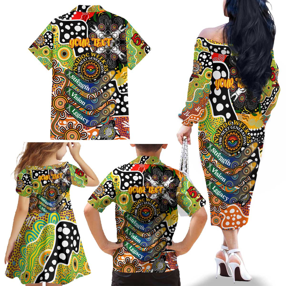 Personalised Tigers NRL Celebrating 50 Years of Naidoc Family Matching Off The Shoulder Long Sleeve Dress and Hawaiian Shirt NAIDOC Week 2025 Aboriginal