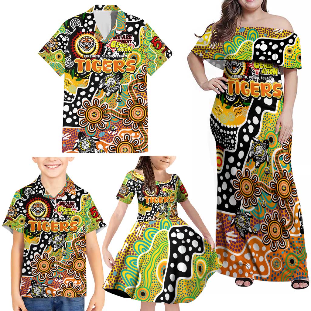 Personalised Tigers NRL Celebrating 50 Years of Naidoc Family Matching Off Shoulder Maxi Dress and Hawaiian Shirt NAIDOC Week 2025 Aboriginal