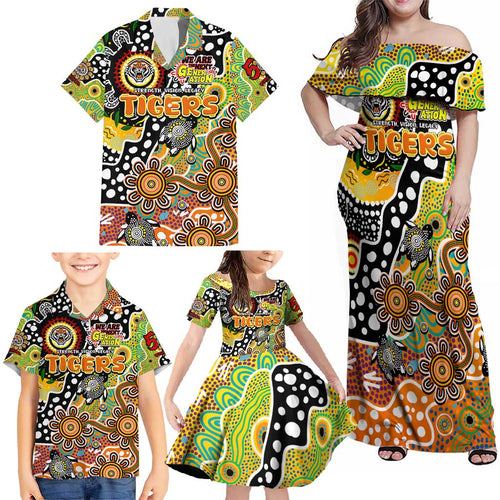 Personalised Tigers NRL Celebrating 50 Years of Naidoc Family Matching Off Shoulder Maxi Dress and Hawaiian Shirt NAIDOC Week 2025 Aboriginal
