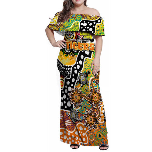 Personalised Tigers NRL Celebrating 50 Years of Naidoc Family Matching Off Shoulder Maxi Dress and Hawaiian Shirt NAIDOC Week 2025 Aboriginal