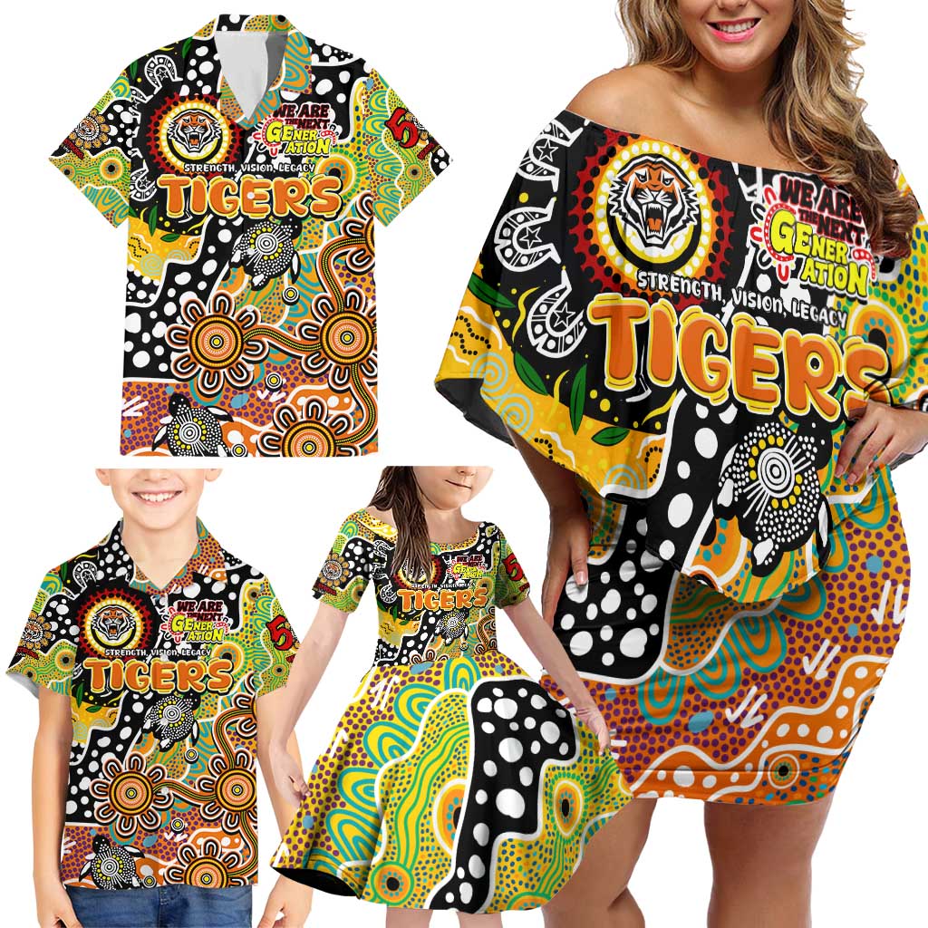 Personalised Tigers NRL Celebrating 50 Years of Naidoc Family Matching Off Shoulder Short Dress and Hawaiian Shirt NAIDOC Week 2025 Aboriginal
