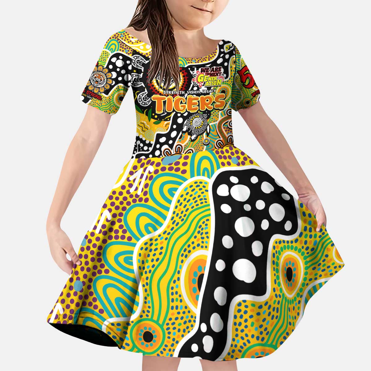 Personalised Tigers NRL Celebrating 50 Years of Naidoc Kid Short Sleeve Dress NAIDOC Week 2025 Aboriginal