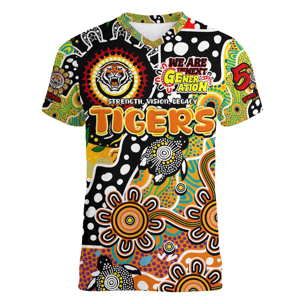 Personalised Tigers NRL Celebrating 50 Years of Naidoc Women V-Neck T-Shirt NAIDOC Week 2025 Aboriginal