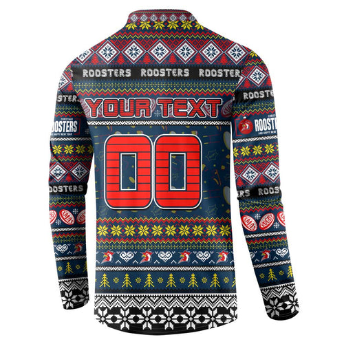 Personalized Roosters Rugby Xmas Button Sweatshirt Australia NRL Mascot