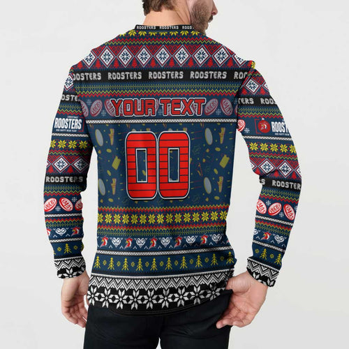Personalized Roosters Rugby Xmas Button Sweatshirt Australia NRL Mascot