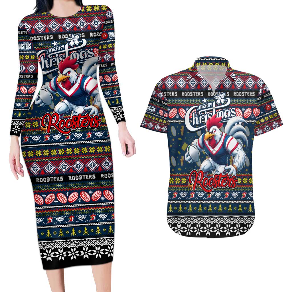 Personalized Roosters Rugby Xmas Couples Matching Long Sleeve Bodycon Dress and Hawaiian Shirt Australia NRL Mascot