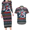 Personalized Roosters Rugby Xmas Couples Matching Long Sleeve Bodycon Dress and Hawaiian Shirt Australia NRL Mascot
