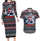 Personalized Roosters Rugby Xmas Couples Matching Long Sleeve Bodycon Dress and Hawaiian Shirt Australia NRL Mascot