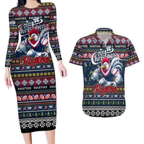 Personalized Roosters Rugby Xmas Couples Matching Long Sleeve Bodycon Dress and Hawaiian Shirt Australia NRL Mascot