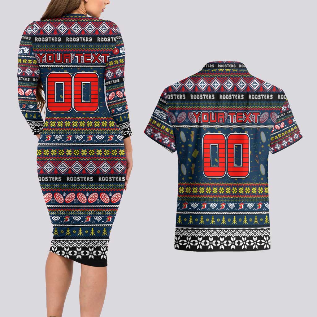 Personalized Roosters Rugby Xmas Couples Matching Long Sleeve Bodycon Dress and Hawaiian Shirt Australia NRL Mascot