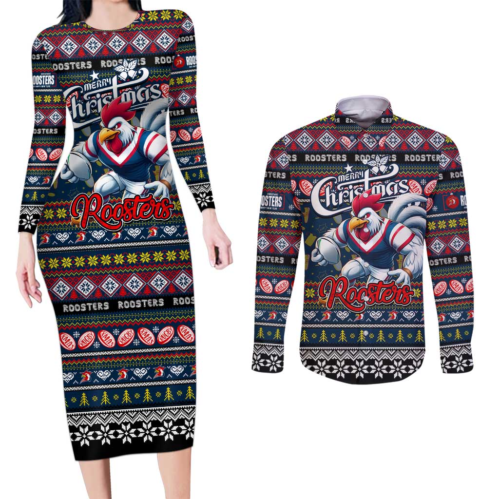 Personalized Roosters Rugby Xmas Couples Matching Long Sleeve Bodycon Dress and Long Sleeve Button Shirt Australia NRL Mascot
