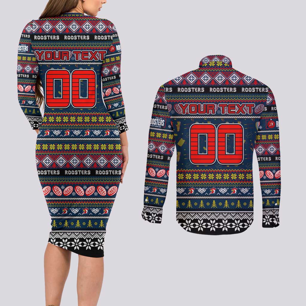 Personalized Roosters Rugby Xmas Couples Matching Long Sleeve Bodycon Dress and Long Sleeve Button Shirt Australia NRL Mascot