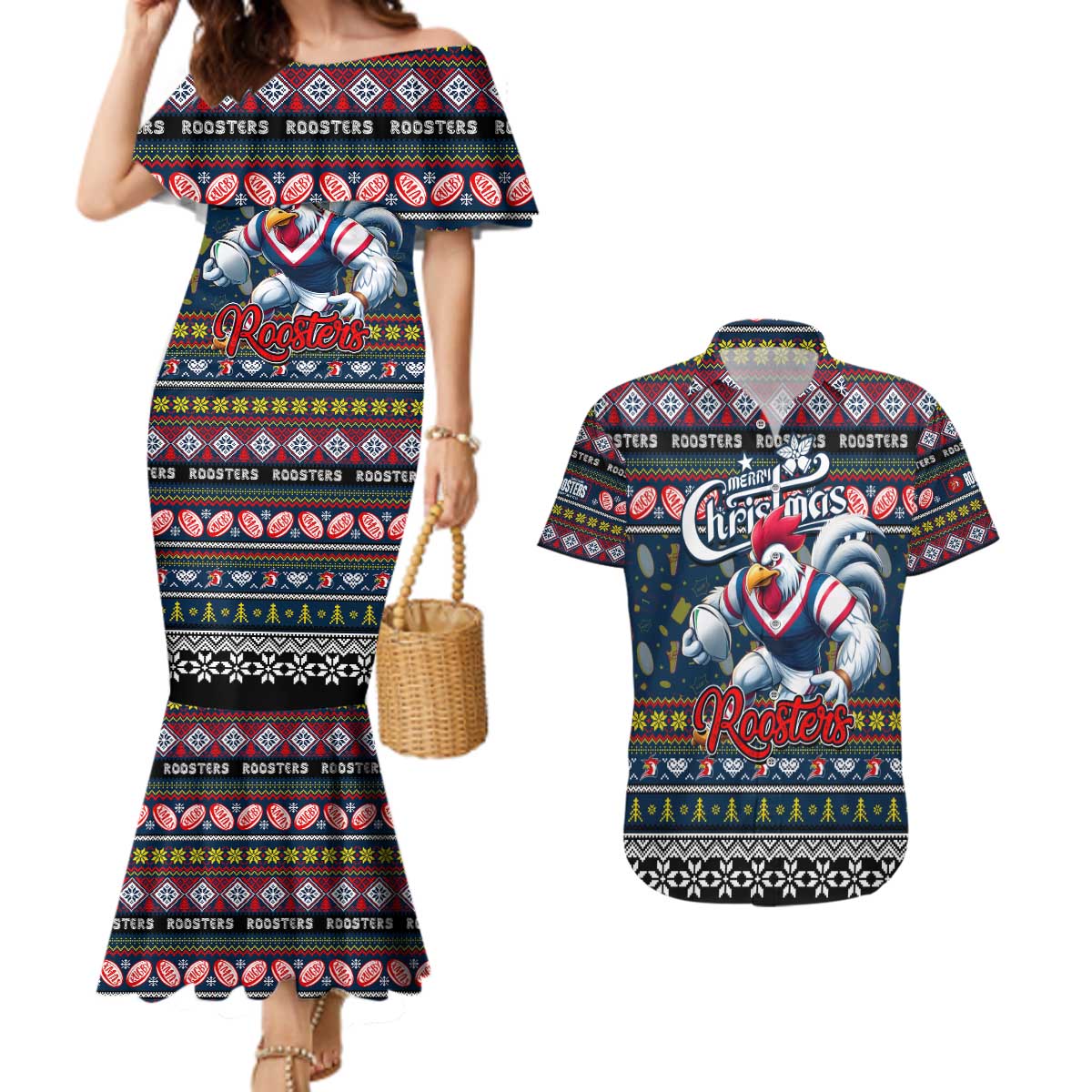 Personalized Roosters Rugby Xmas Couples Matching Mermaid Dress and Hawaiian Shirt Australia NRL Mascot
