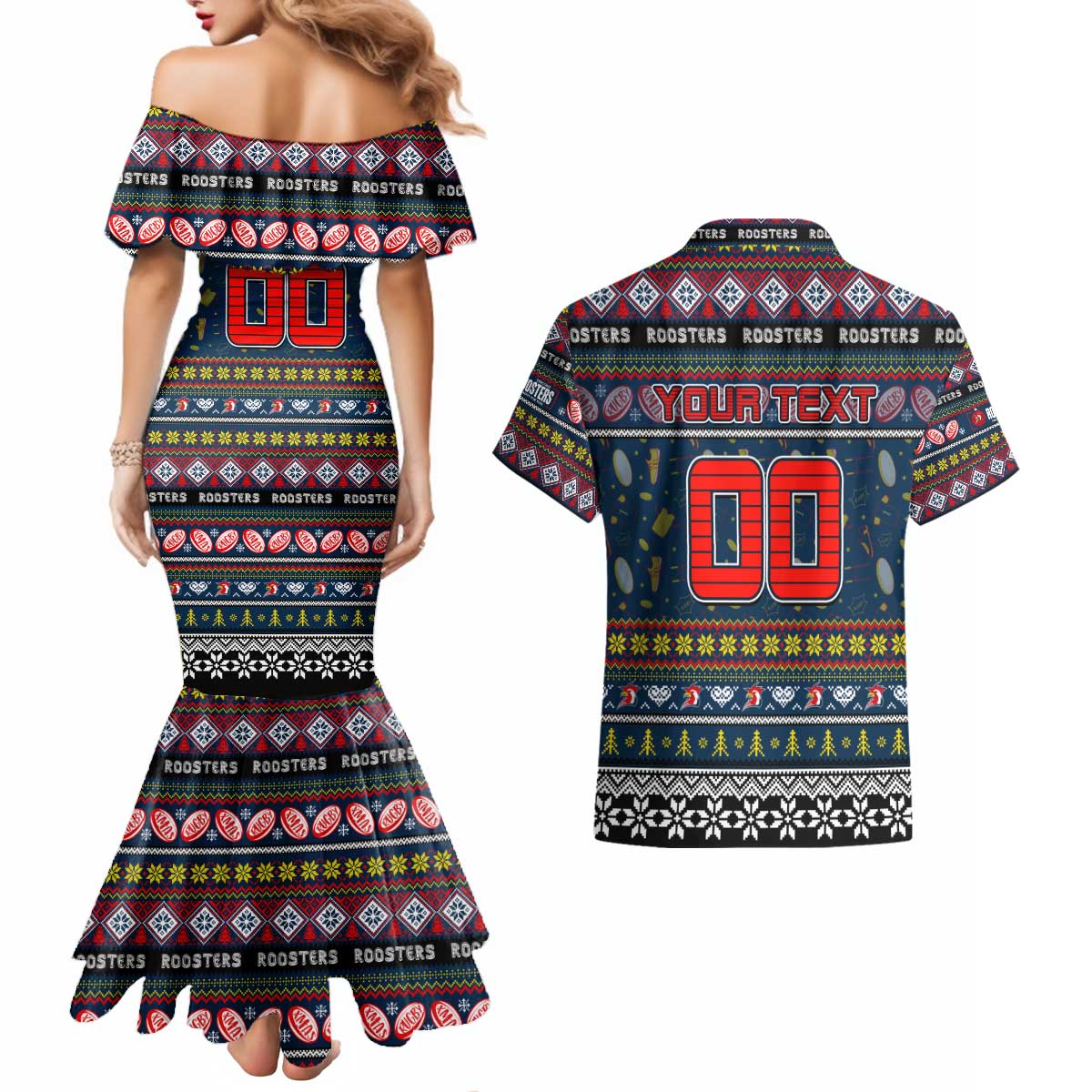 Personalized Roosters Rugby Xmas Couples Matching Mermaid Dress and Hawaiian Shirt Australia NRL Mascot