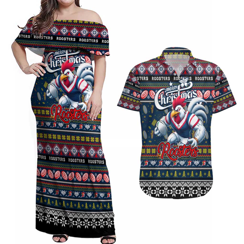 Personalized Roosters Rugby Xmas Couples Matching Off Shoulder Maxi Dress and Hawaiian Shirt Australia NRL Mascot