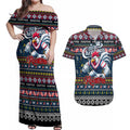 Personalized Roosters Rugby Xmas Couples Matching Off Shoulder Maxi Dress and Hawaiian Shirt Australia NRL Mascot