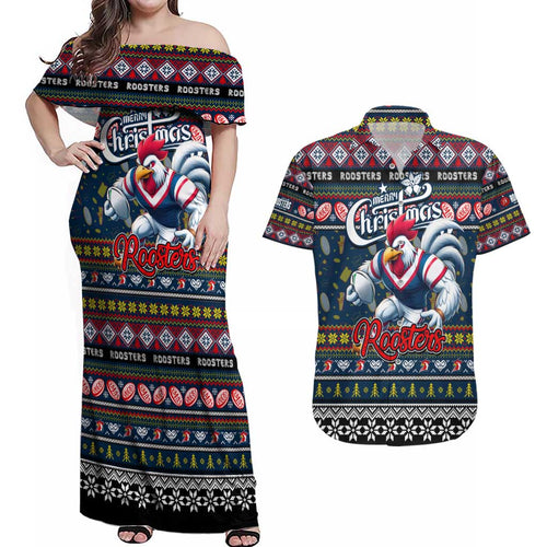 Personalized Roosters Rugby Xmas Couples Matching Off Shoulder Maxi Dress and Hawaiian Shirt Australia NRL Mascot