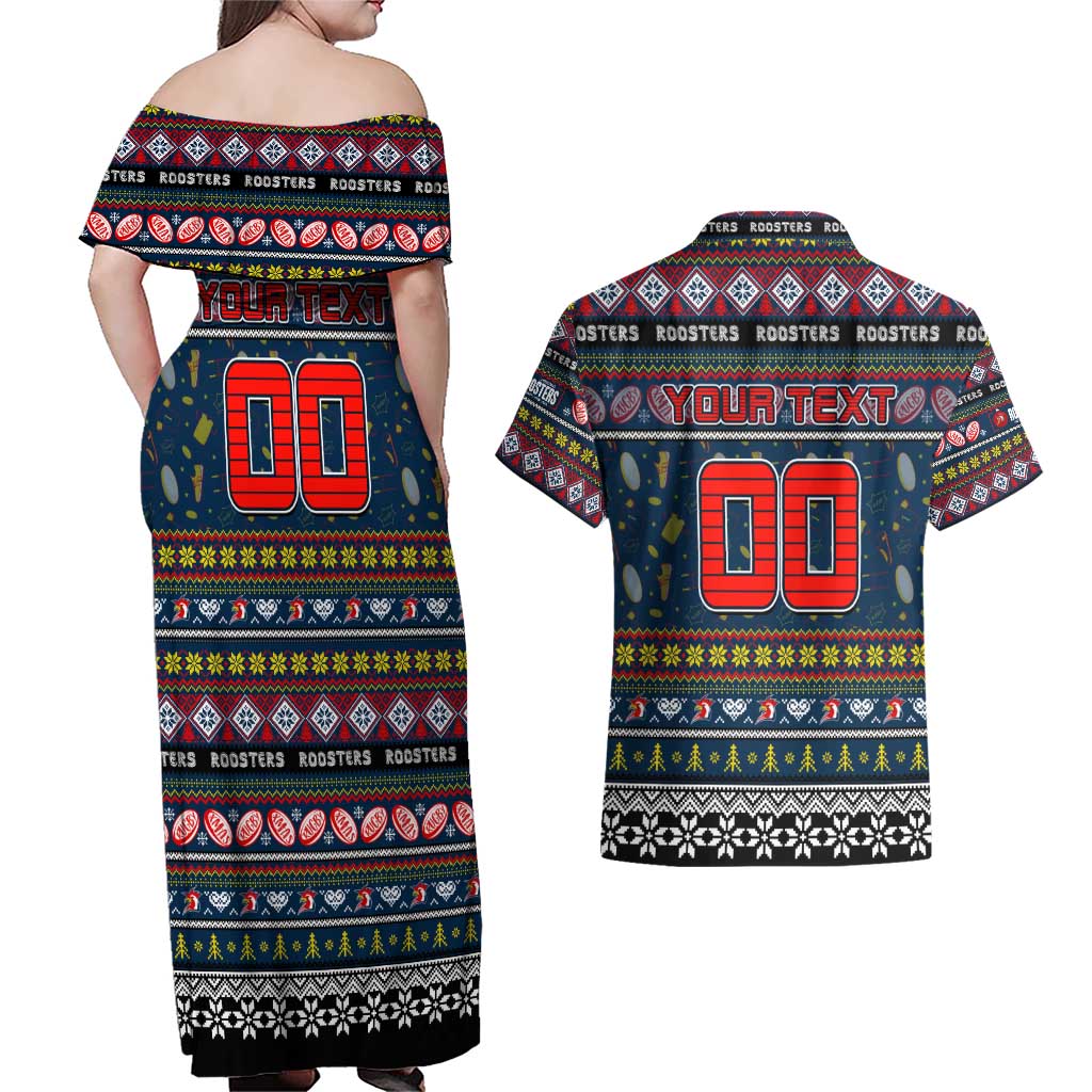 Personalized Roosters Rugby Xmas Couples Matching Off Shoulder Maxi Dress and Hawaiian Shirt Australia NRL Mascot