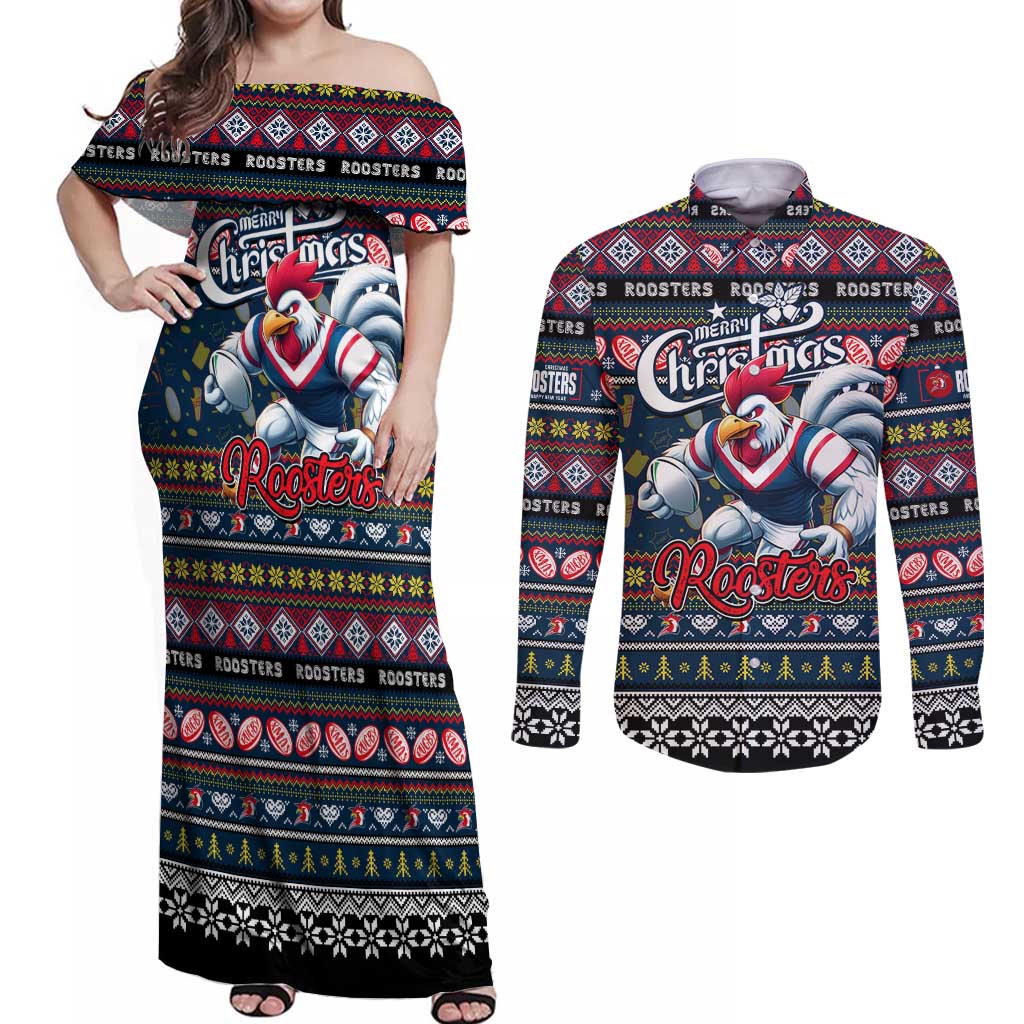 Personalized Roosters Rugby Xmas Couples Matching Off Shoulder Maxi Dress and Long Sleeve Button Shirt Australia NRL Mascot
