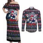 Personalized Roosters Rugby Xmas Couples Matching Off Shoulder Maxi Dress and Long Sleeve Button Shirt Australia NRL Mascot